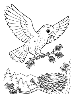 A friendly hawk carrying a pine branch to its nest on this hawk coloring page.