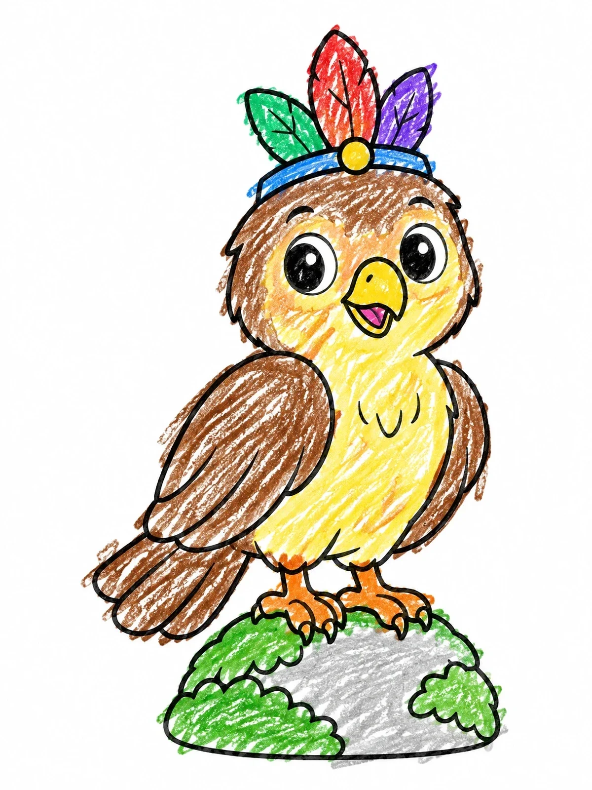 Colored example of the Cute Hawk Chick With Feather Crown coloring page