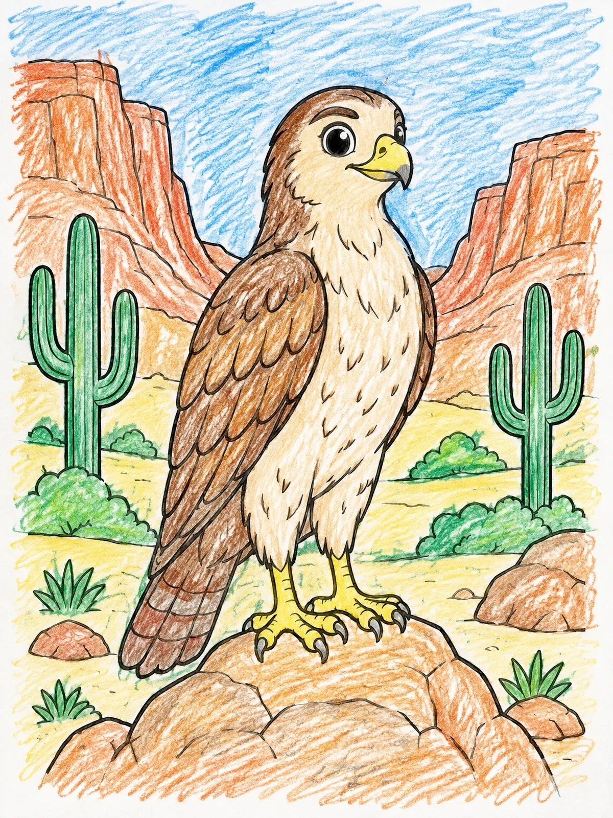 Colored example of the Cute Hawk In Desert Canyon coloring page