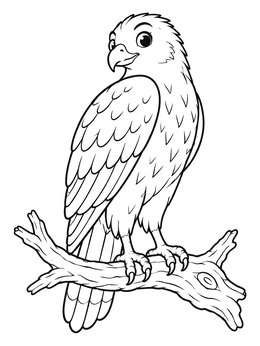 A friendly hawk coloring page perched gracefully on a wooden branch.