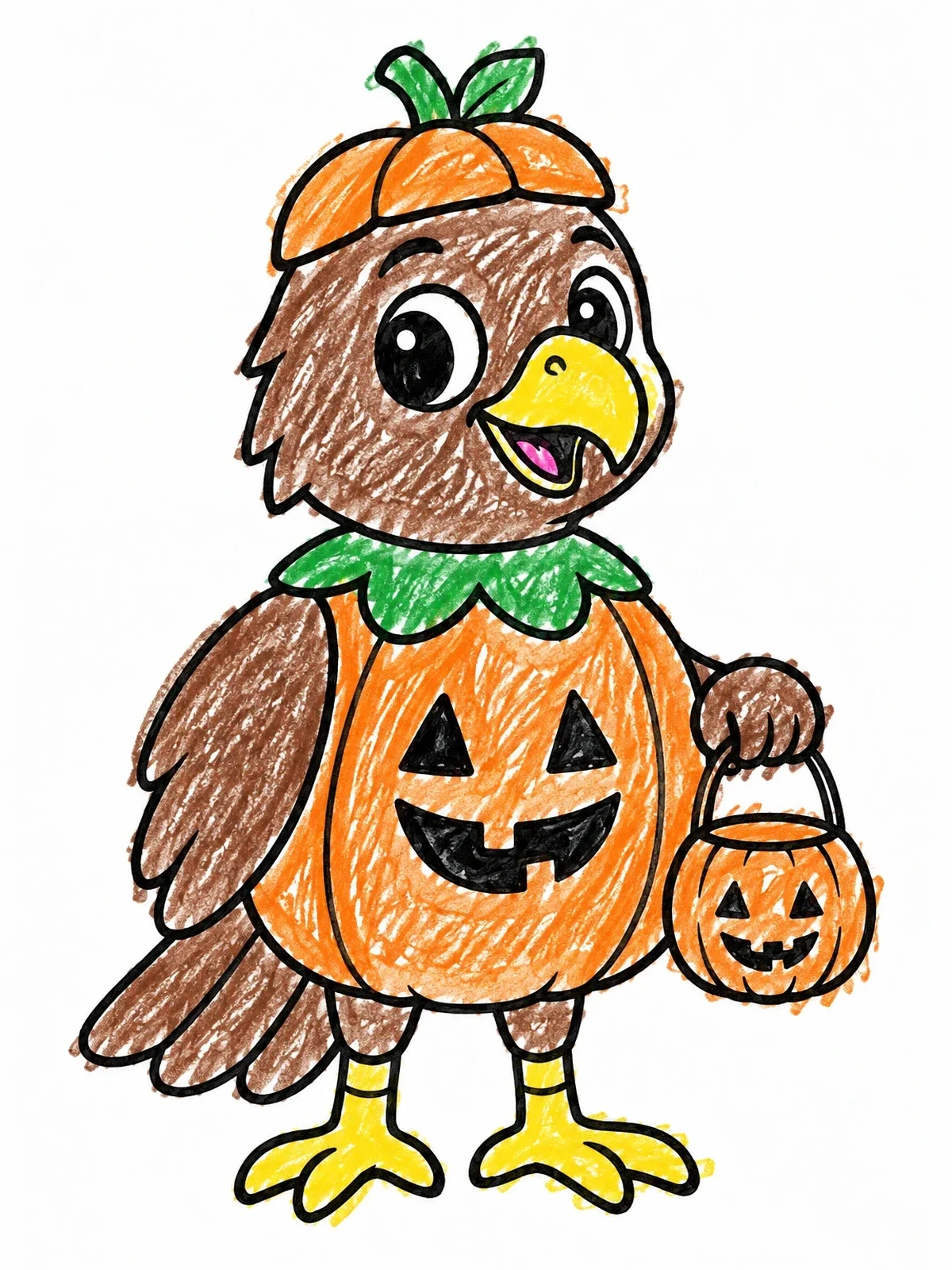 Colored example of the Cute Hawk In Pumpkin Costume coloring page