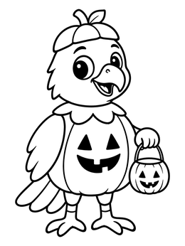 A cute cartoon hawk coloring page showing a bird dressed as a Halloween pumpkin with a candy bucket.