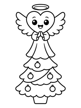 A smiling heart angel coloring page atop a decorated Christmas tree with ornaments.