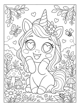 Free printable Cute Heart Eyes Unicorn In Garden coloring page
