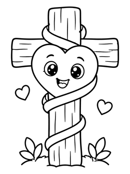 A smiling heart wrapping around a wooden cross in this heart coloring page.