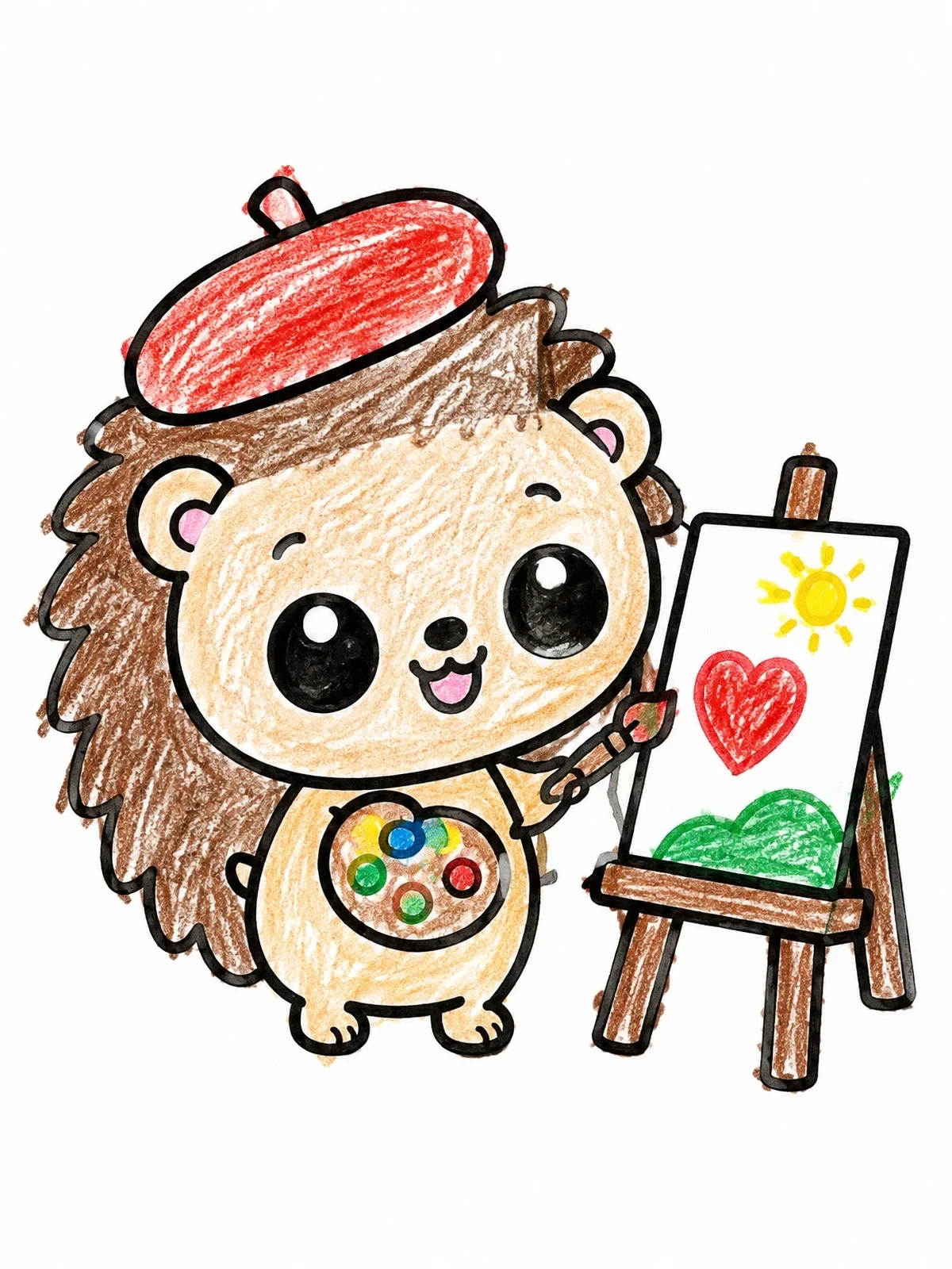 Colored example of the Little Hedgehog Artist Painting On Easel coloring page