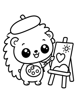A hedgehog coloring page featuring a cute artist painting a heart on an easel.
