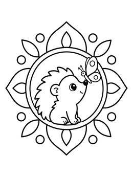 A hedgehog coloring page featuring a small hedgehog admiring a butterfly inside a floral mandala frame.