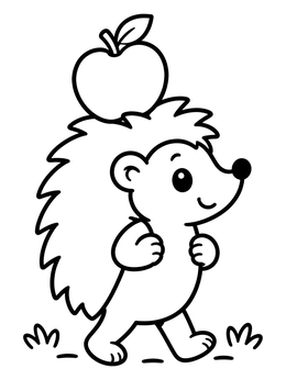 A cheerful hedgehog coloring page showing the little animal carrying an apple on its spines.