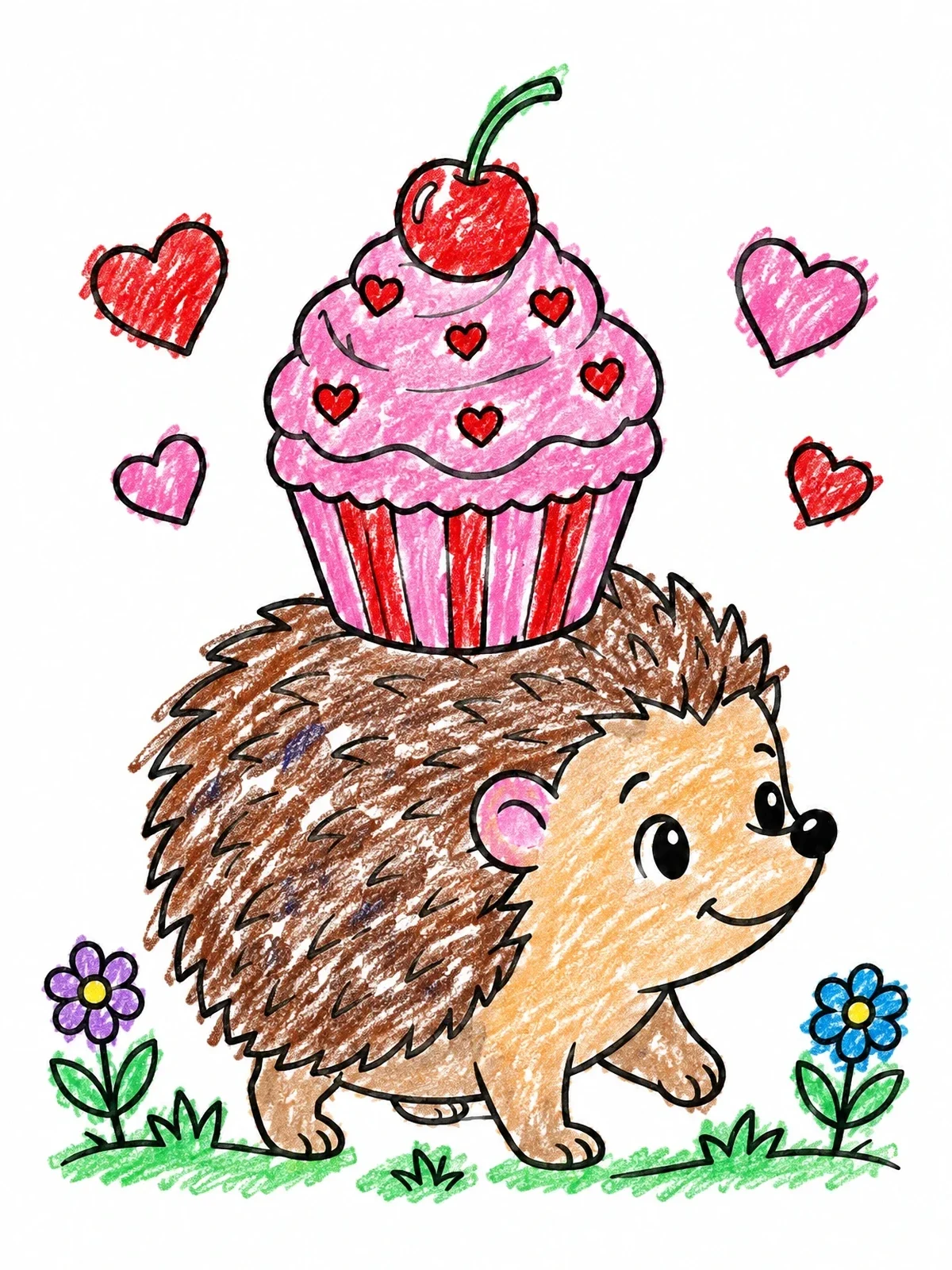 Colored example of the Cute Hedgehog With Valentine Cupcake coloring page