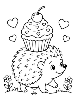 Free printable Cute Hedgehog With Valentine Cupcake coloring page