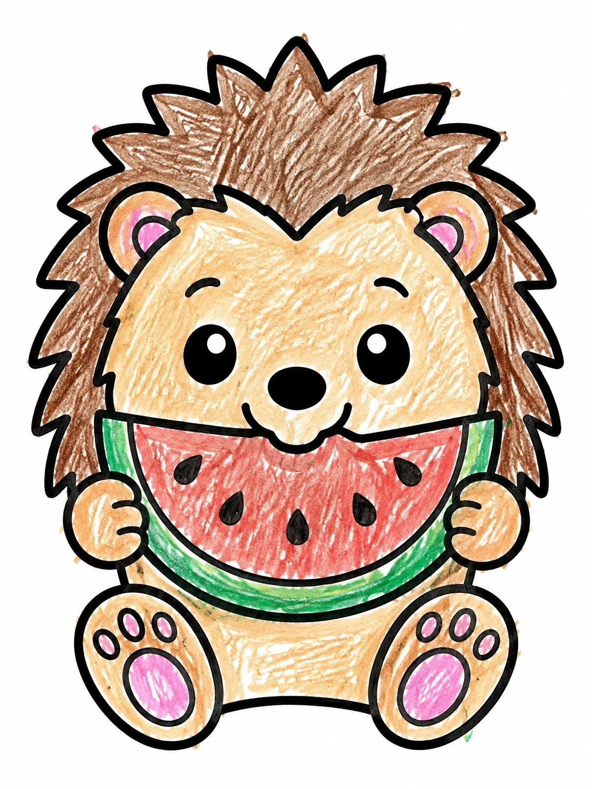 Colored example of the Cute Hedgehog Eating Watermelon Slice coloring page