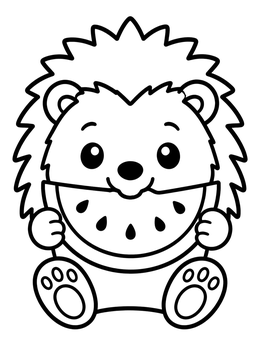 A sweet hedgehog coloring page featuring a baby hedgehog holding a watermelon slice.