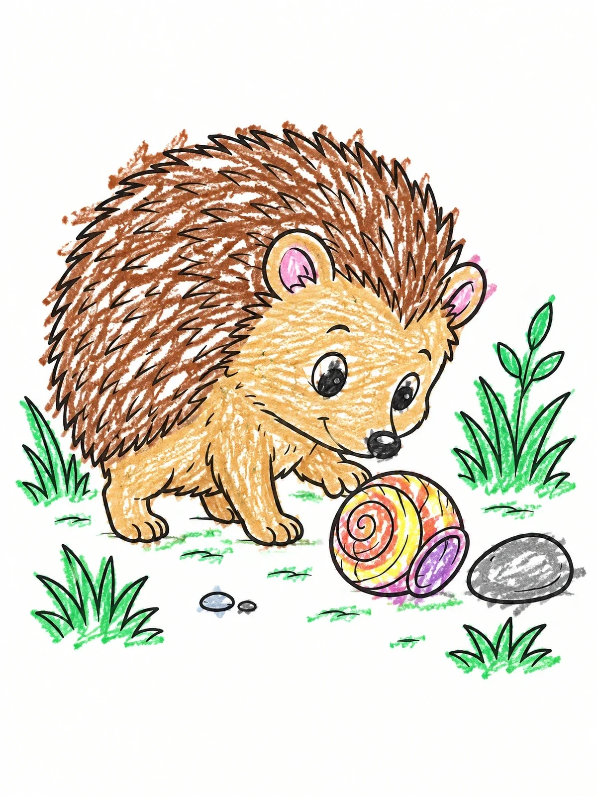 Colored example of the Cute Hedgehog Exploring Snail Shell coloring page