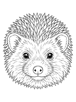 A detailed hedgehog coloring page featuring a front portrait with quills and big eyes.