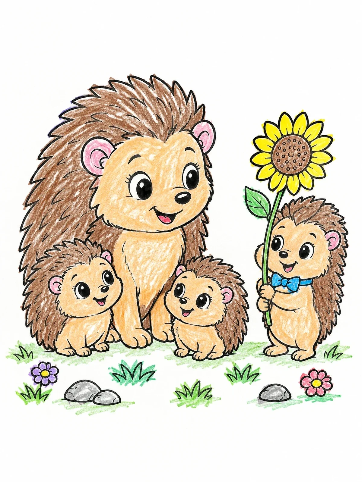 Colored example of the Cute Hedgehog Family With Sunflower coloring page