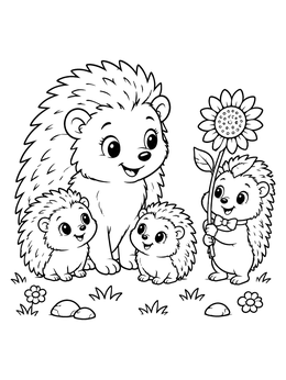 A hedgehog family with a baby holding a sunflower in this hedgehog coloring page.