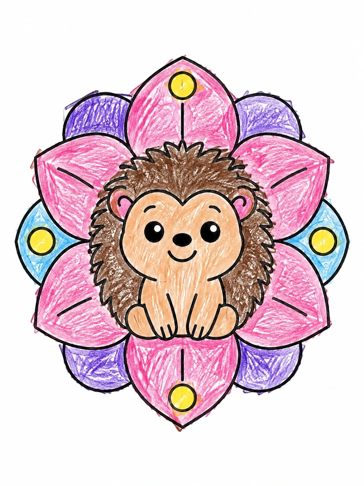 Colored example of the Cute Hedgehog On Flower Mandala coloring page