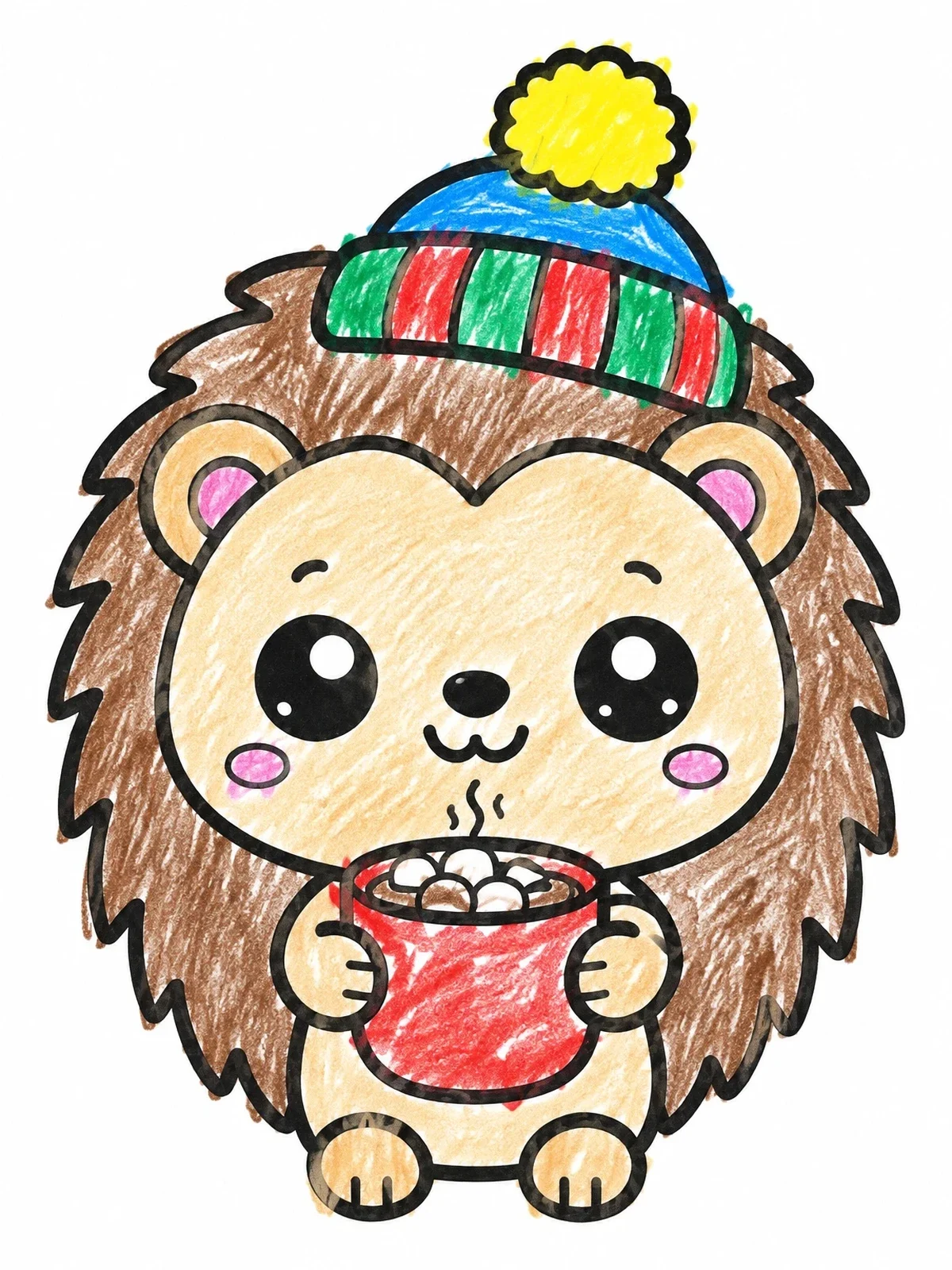 Colored example of the Cute Hedgehog With Hot Cocoa coloring page