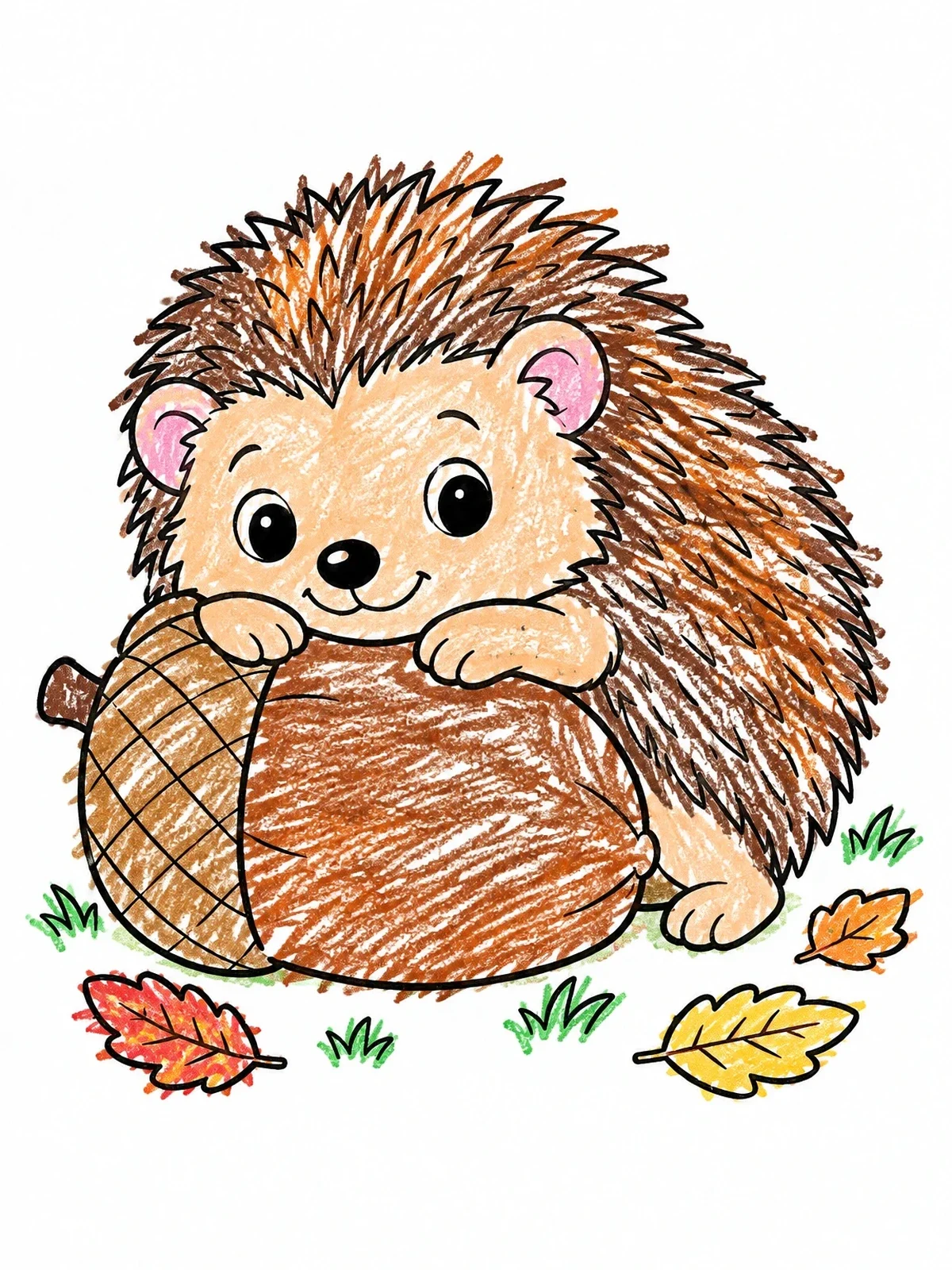Colored example of the Cute Hedgehog Hugging A Giant Acorn coloring page