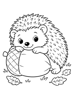 A joyful little hedgehog coloring page showing a hedgehog leaning on a large acorn among leaves.