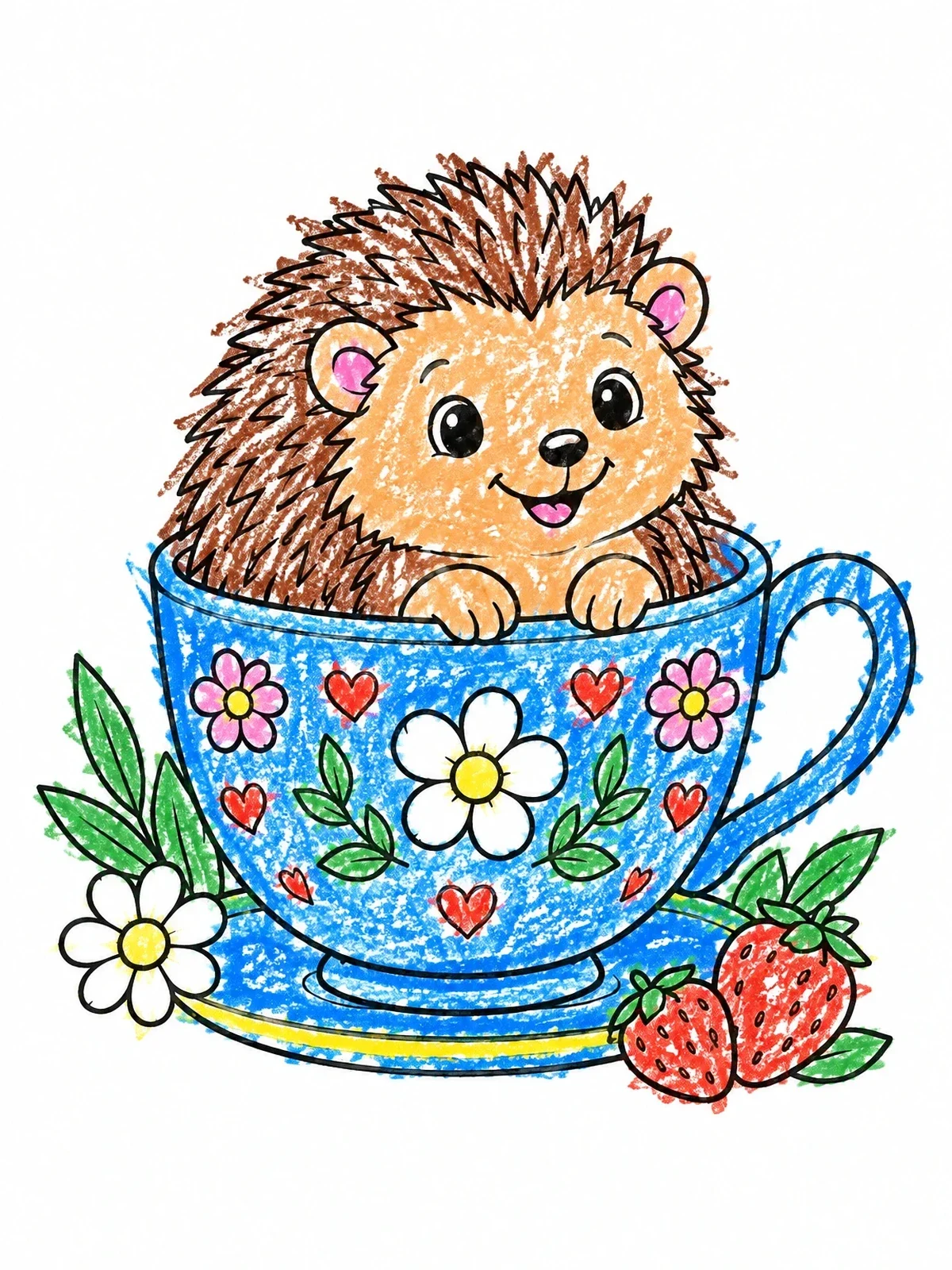 Colored example of the Cute Hedgehog In A Teacup coloring page