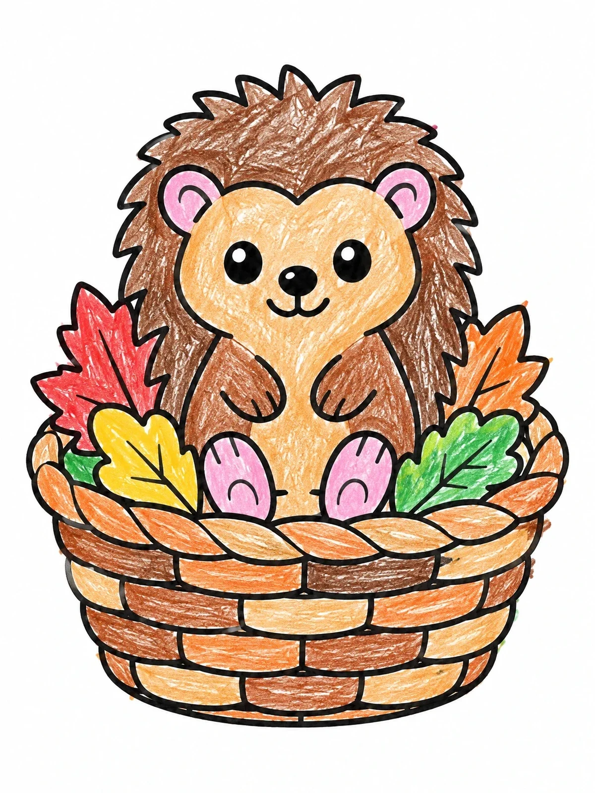 Colored example of the Cute Hedgehog In A Basket coloring page