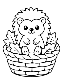 A hedgehog coloring page showing a friendly hedgehog sitting in a basket surrounded by leaves.