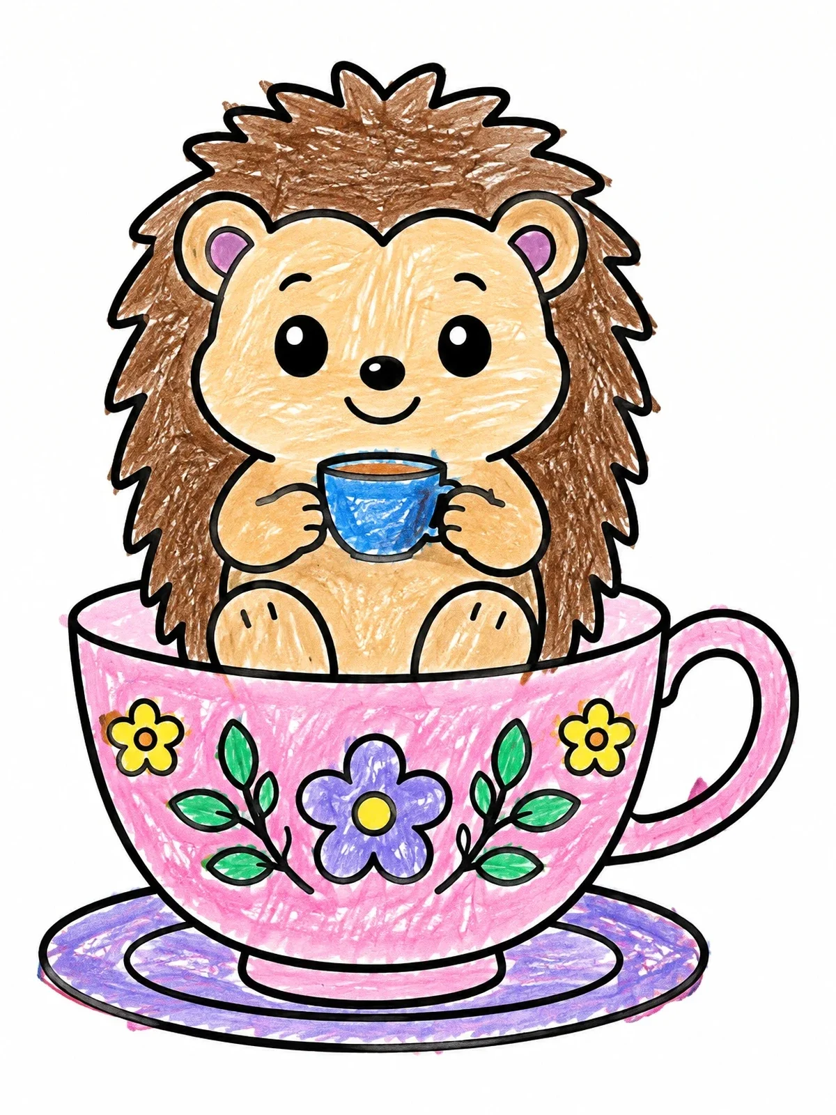 Colored example of the Cozy Hedgehog In A Floral Teacup coloring page