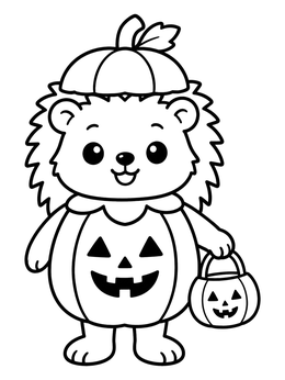 A hedgehog coloring page showing an animal in a pumpkin costume holding a treat bucket.