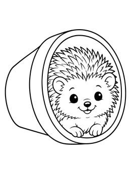 A hedgehog coloring page showing a smiling baby hedgehog peeking out of an overturned pot.