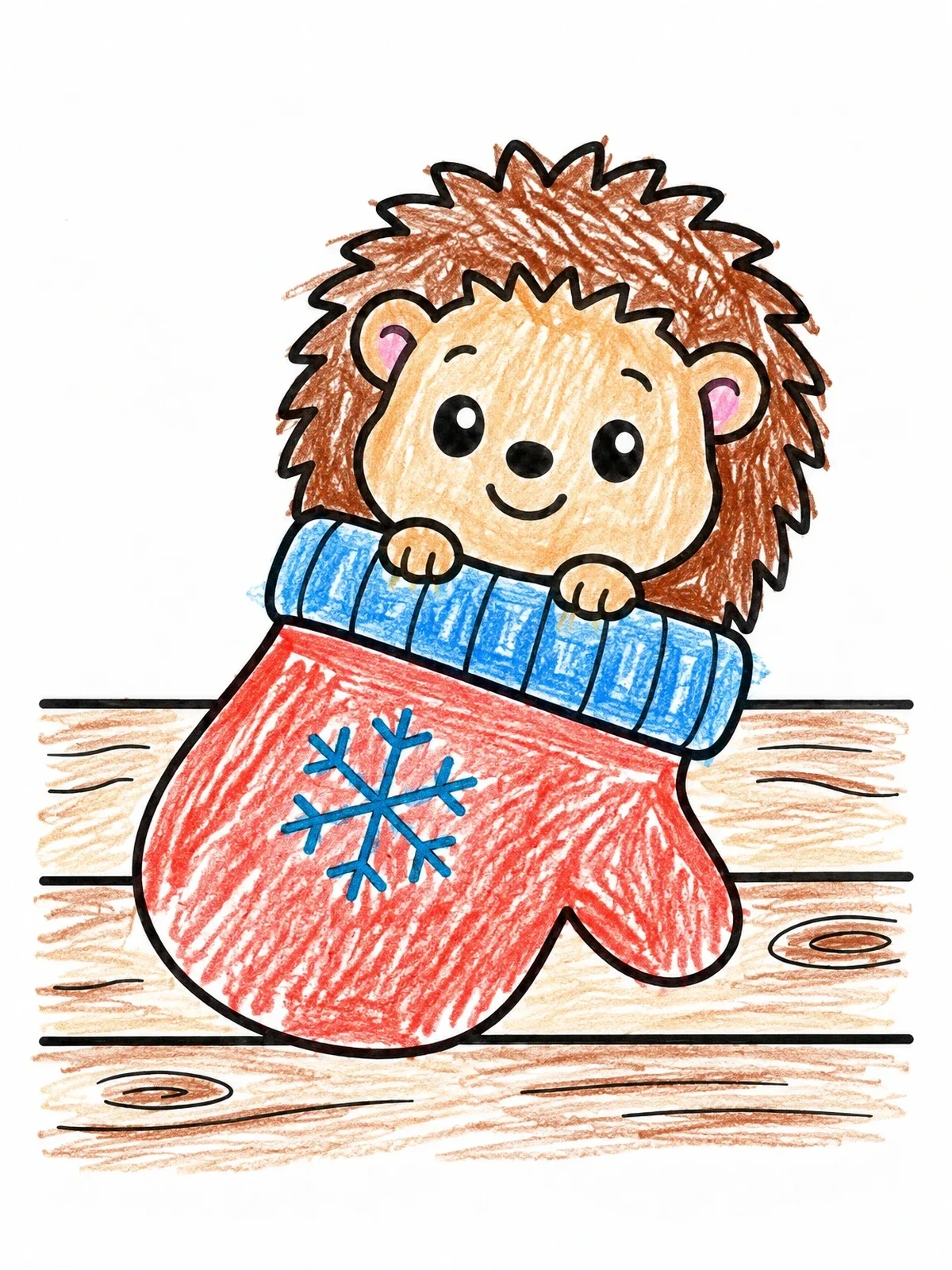 Colored example of the Cute Hedgehog Inside A Winter Mitten coloring page