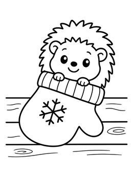 A hedgehog coloring page showing a cute creature peeking out of a warm winter mitten.