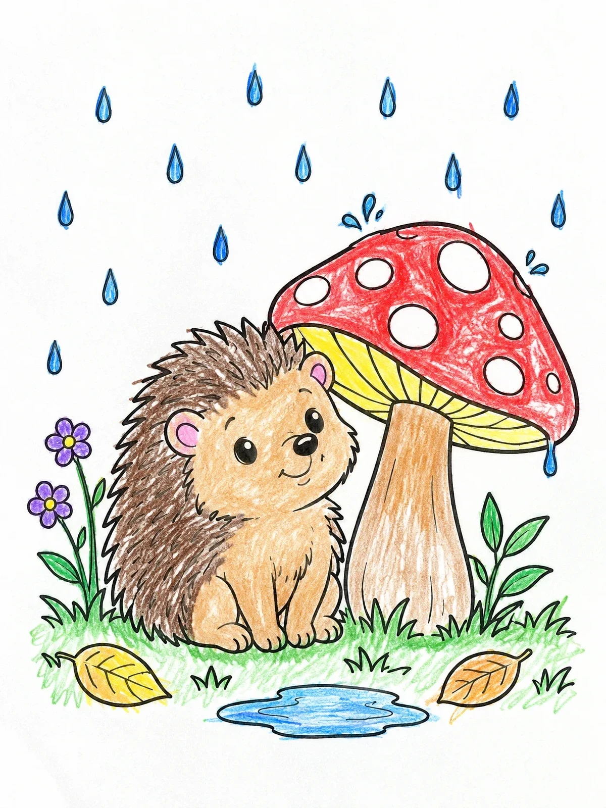 Colored example of the Cute Hedgehog Under Mushroom In Rain coloring page
