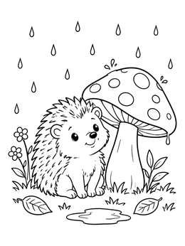 A sweet hedgehog coloring page showing a little hedgehog sheltered by a mushroom in the rain.