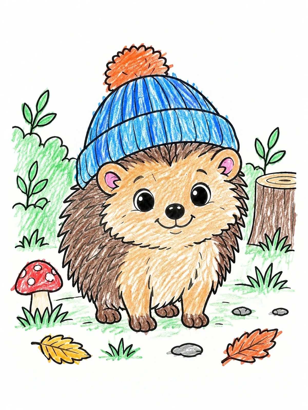 Colored example of the Cute Hedgehog In A Beanie coloring page