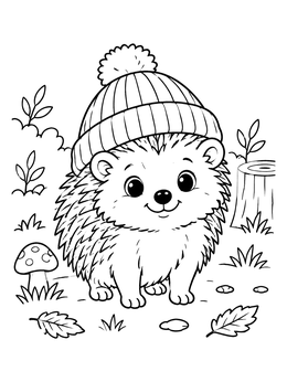 A cheerful hedgehog coloring page featuring a warm beanie hat outdoors.