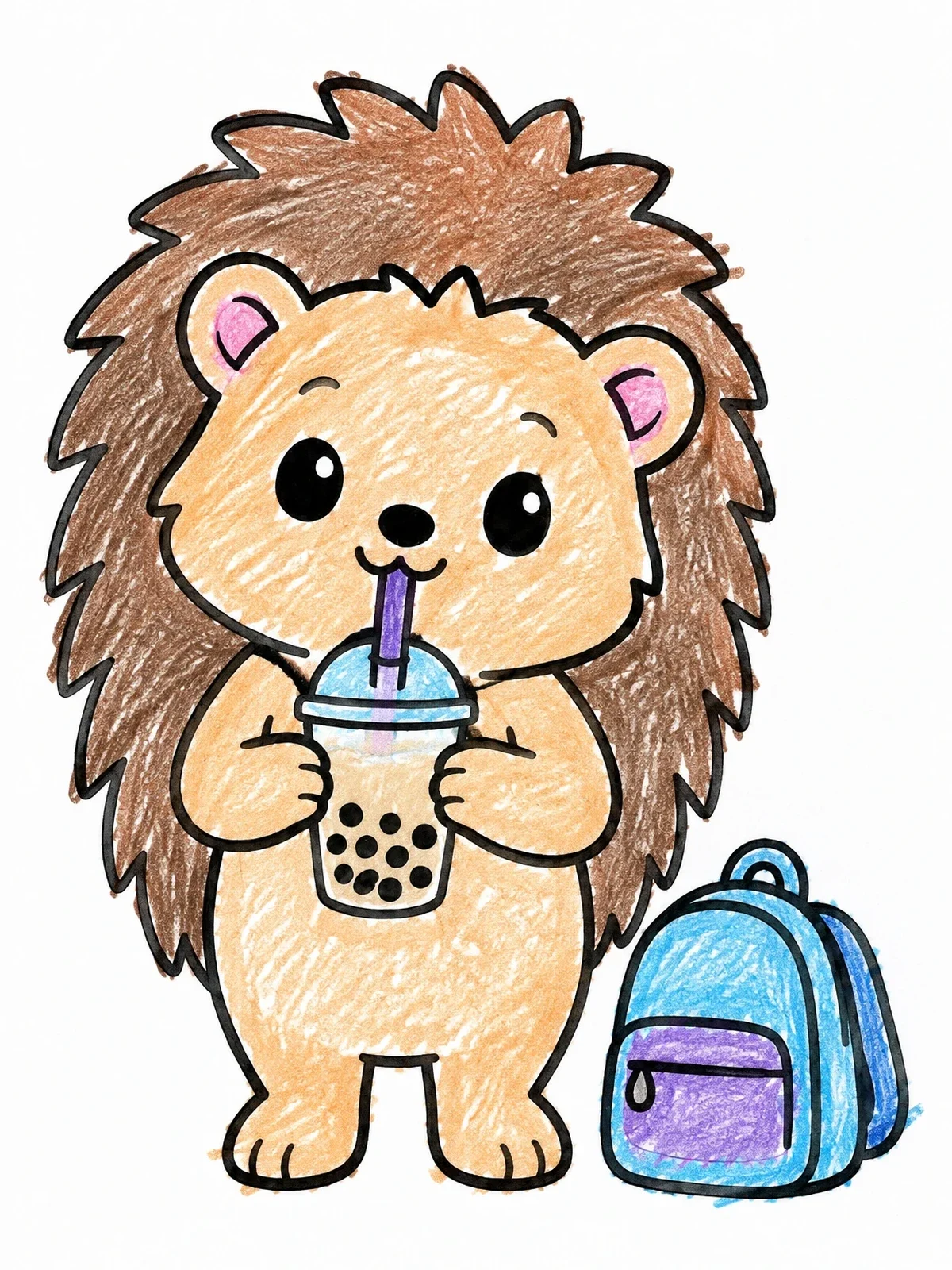 Colored example of the Cute Hedgehog With Boba Tea coloring page
