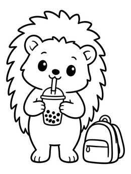 A cute hedgehog coloring page showing a little hedgehog drinking boba tea beside a small backpack.