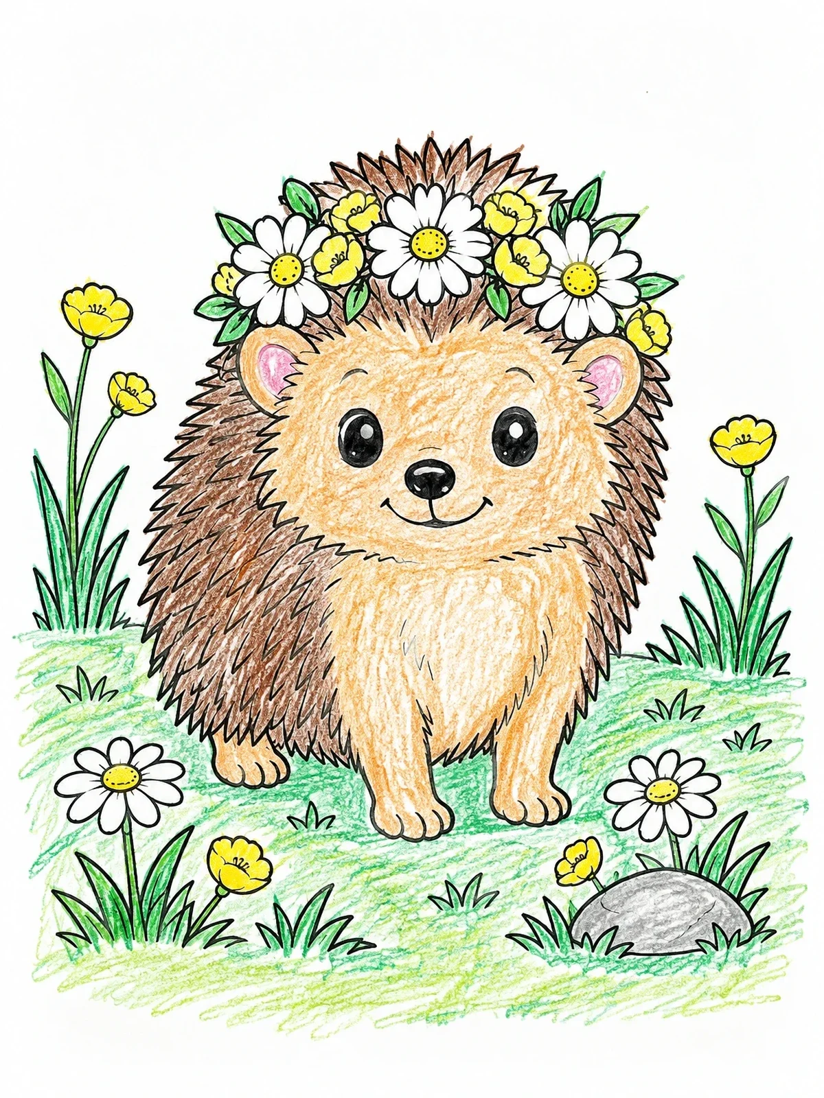 Colored example of the Cute Hedgehog With Flower Crown coloring page