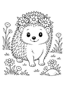 A cheerful hedgehog coloring page featuring a crown of daisies in a grassy meadow.