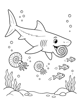 Free printable Cute Helicoprion With Ammonite Friends coloring page