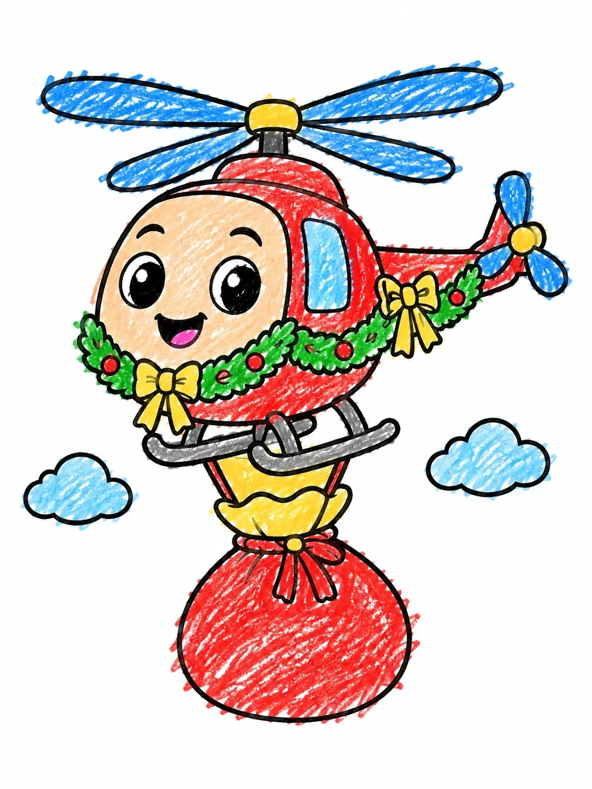 Colored example of the Cute Helicopter Delivering Holiday Gift Sack coloring page