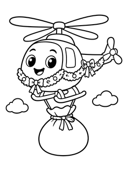A festive cartoon helicopter coloring page carrying a big holiday present sack.