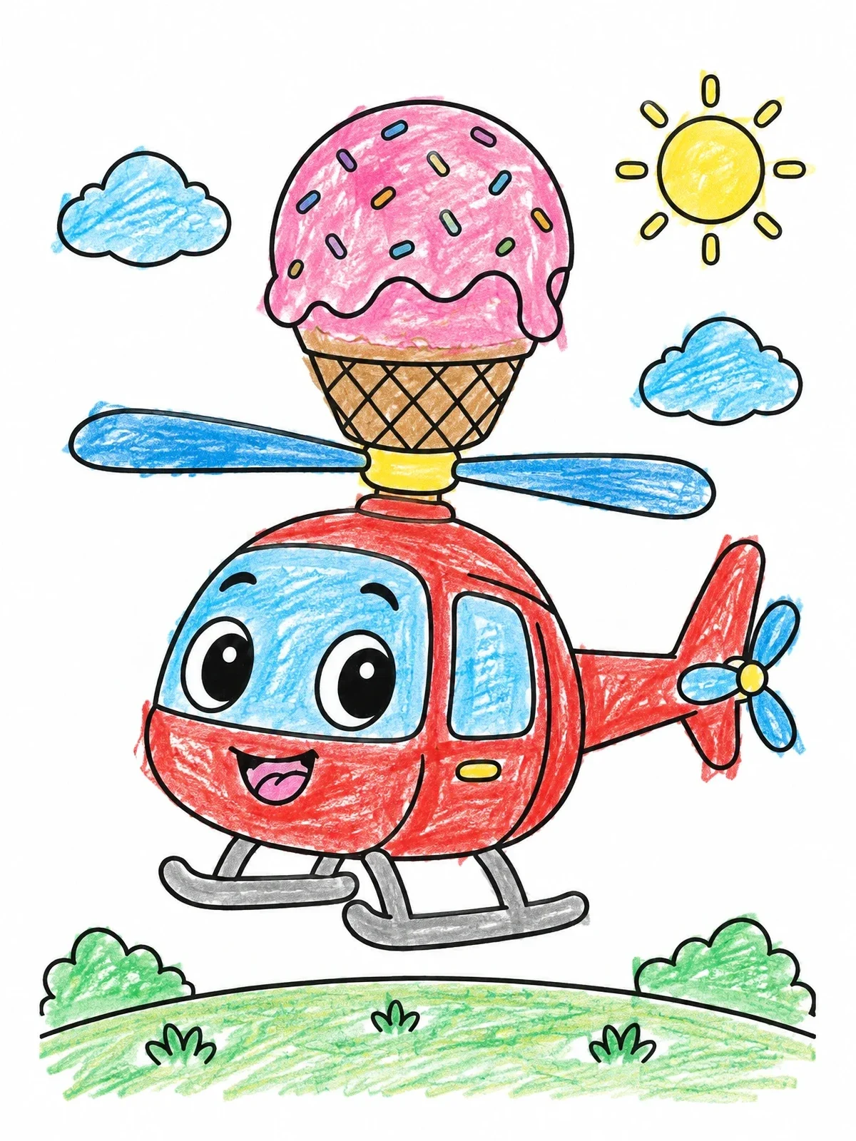 Colored example of the Helicopter Balancing An Ice Cream Cone coloring page