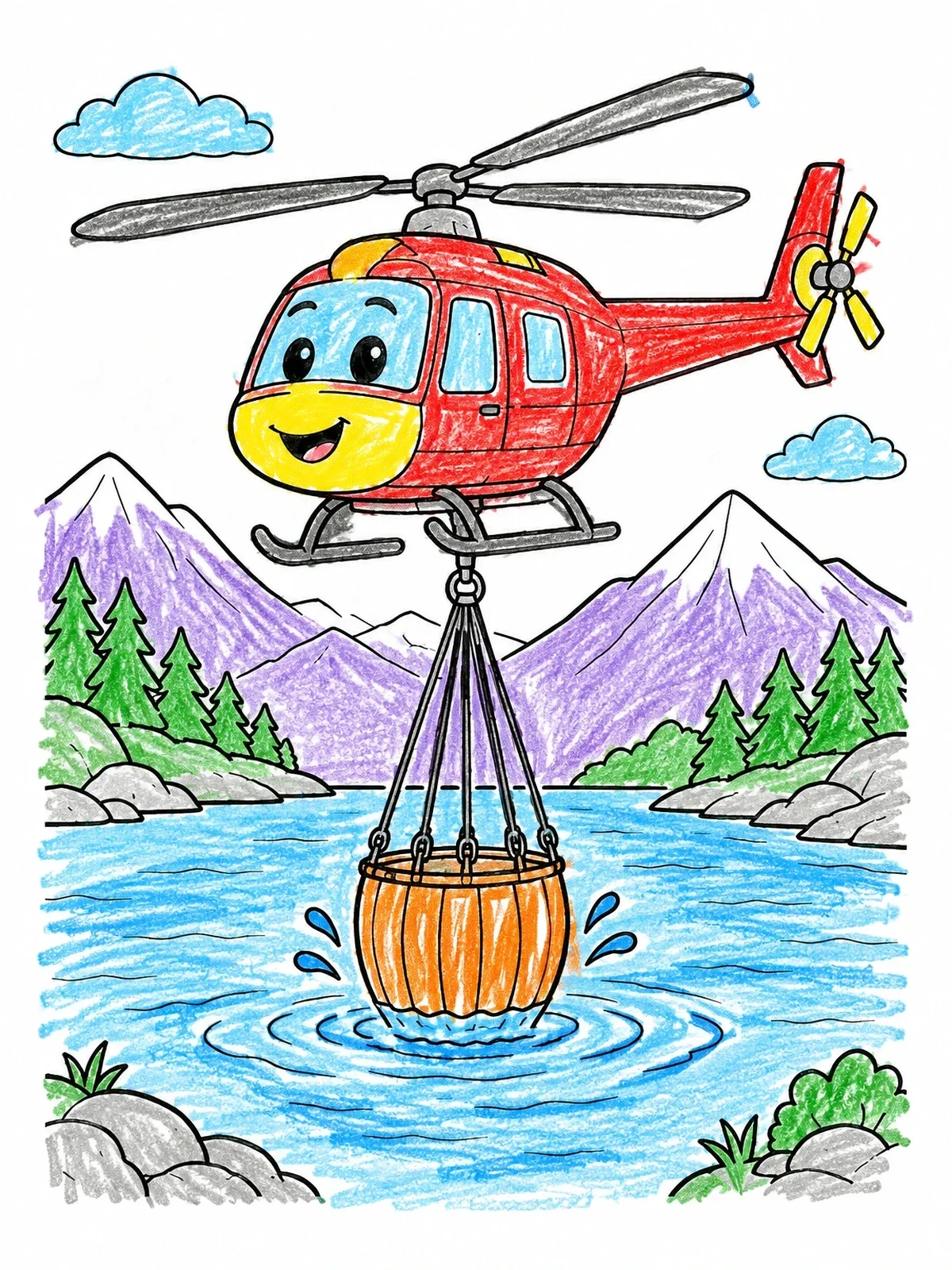 Colored example of the Cute Helicopter Scooping Lake Water coloring page