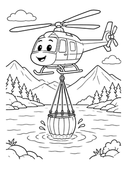 A cheerful helicopter coloring page showing a cartoon chopper dipping a bucket into a lake.