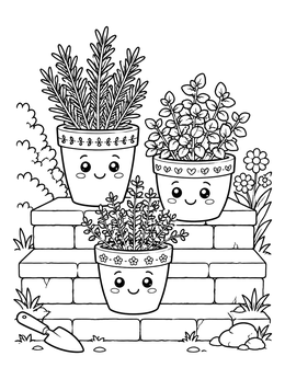 Free printable Cute Garden Herb Pots On Steps coloring page