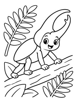 A cheerful hercules beetle coloring page crawling along a tree branch.