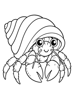 A cute cartoon crab coloring page featuring a hermit crab inside its spiral shell.